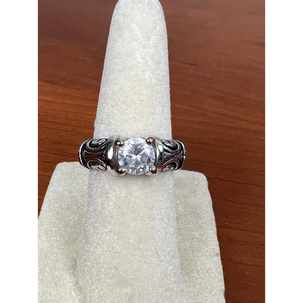 Vintage Style Silver Tone Filigree Scroll Ring Clear Round CZ Statement Size 5